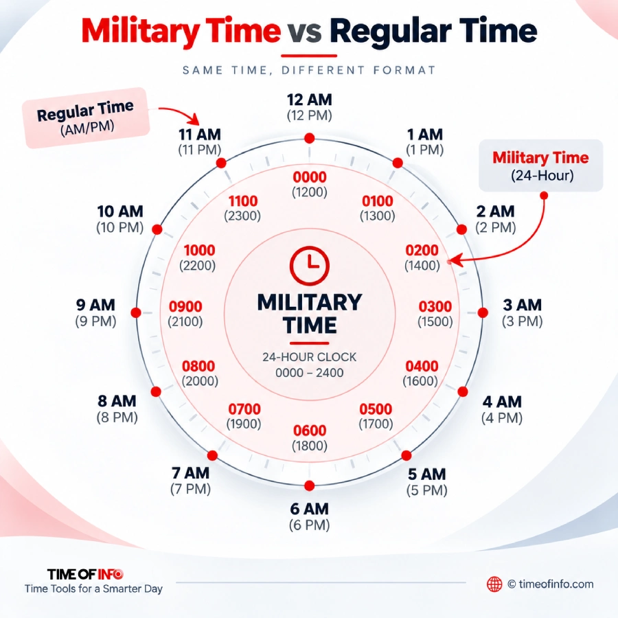 Military Time Chart: Complete 24-Hour Clock Conversion Guide 1 Military Time vs Regular Time Clock